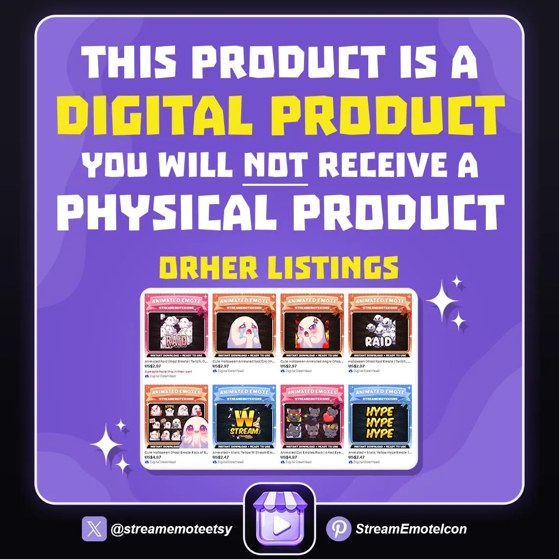 A purple graphic stating this product is a digital product and no physical product will be received, with examples of animated emote digital downloads shown below.