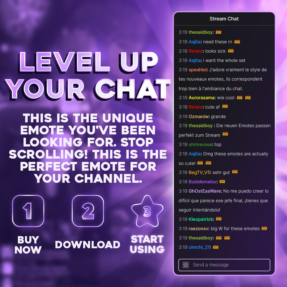 Promotional image with instructions to level up your chat using unique emotes by buying, downloading, and starting to use them, alongside a sample stream chat showing positive comments on emotes.