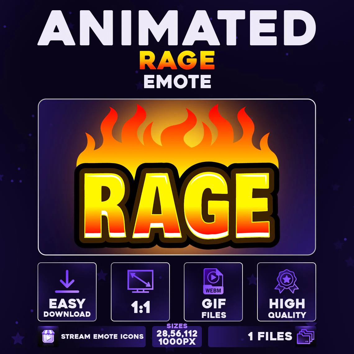Graphic for an animated rage emote featuring the word RAGE in bold yellow and red letters with flames above it, including icons for easy download, 1:1 ratio, GIF files, and high quality.